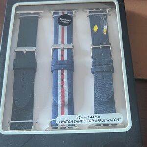 Set of 3 Apple Watch Bands — Black, Navy with Red/White Stripe, Textured Navy